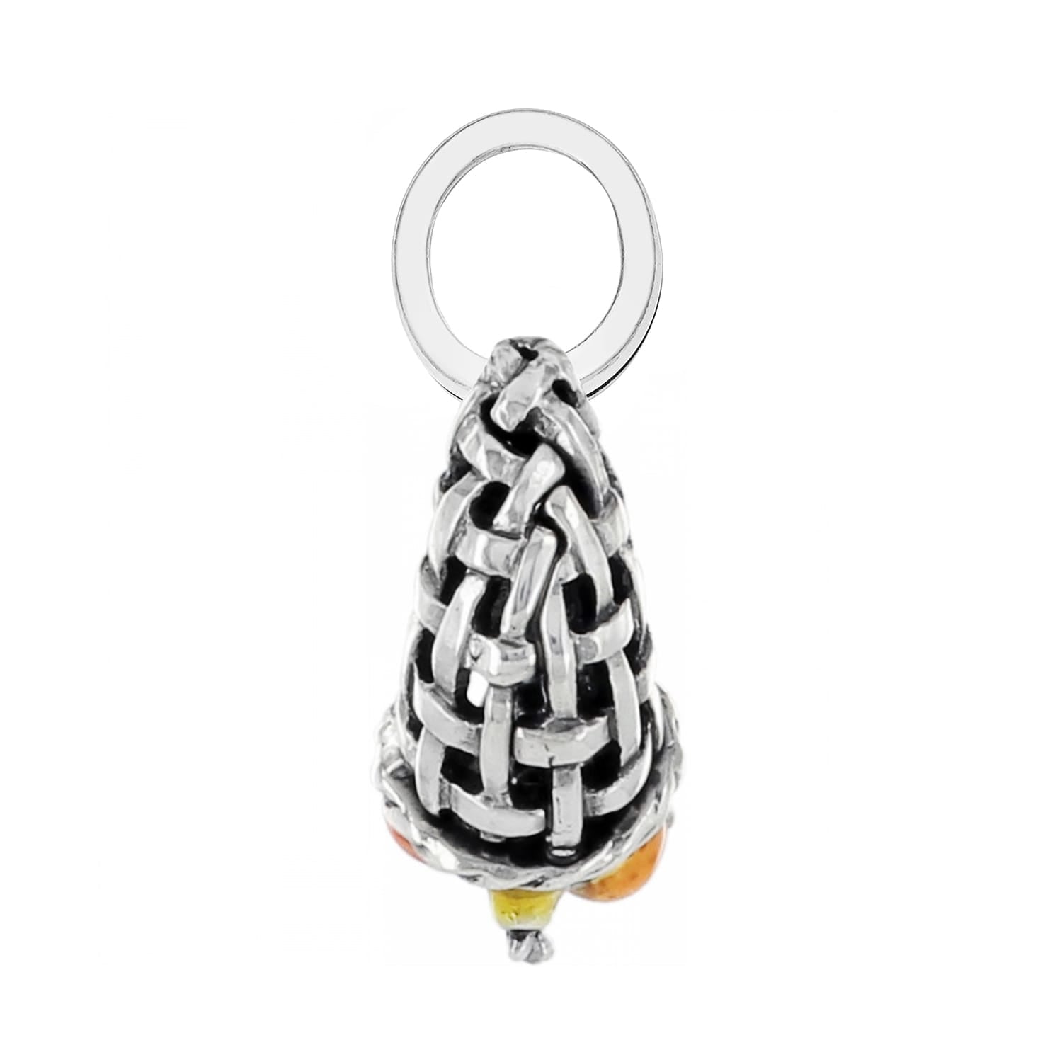 Brighton charm with silver-plated woven basket design and amber-toned beads at the base on a white background