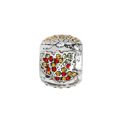 Brighton silver-plated charm bead with embossed leaf design and red, yellow, and green crystals on a white background