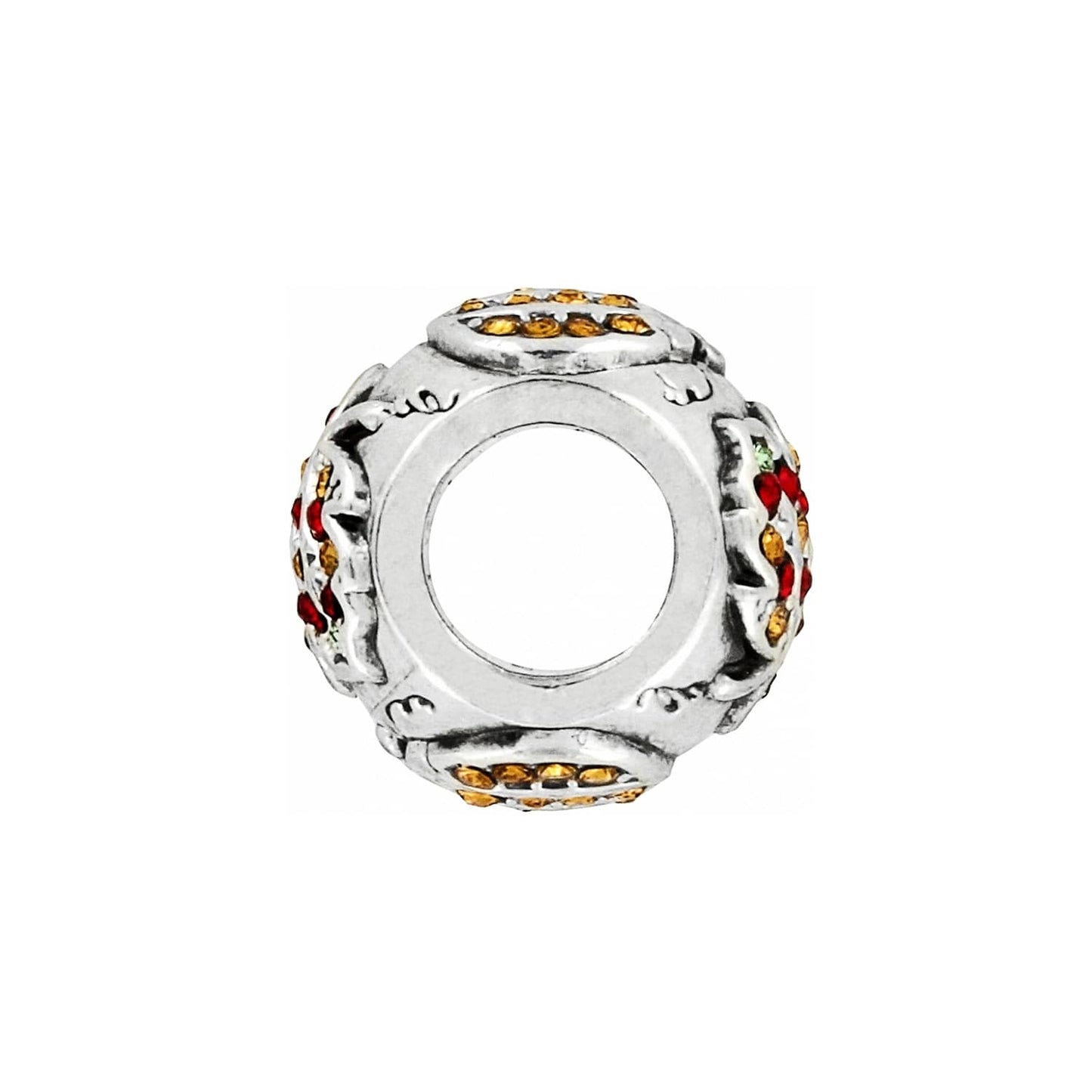 Brighton silver-plated charm bead with red and amber crystal accents and engraved detailing on a white background
