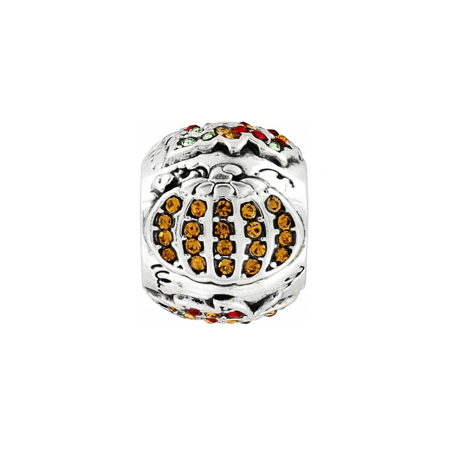 Brighton silver-plated pumpkin charm bead with amber, red, and green crystal accents on a white background