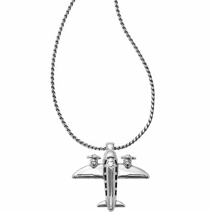 Brighton pendant necklace with silver-plated airplane charm featuring heart engravings and thin chain on a white background