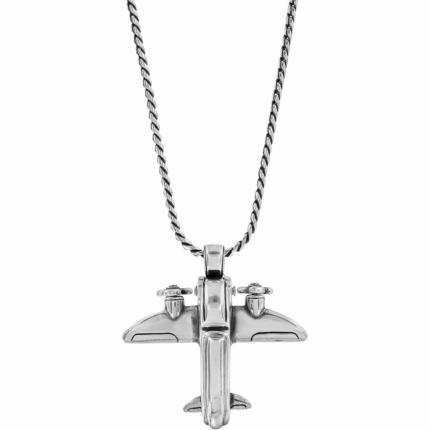 Brighton pendant necklace with silver-plated airplane charm and twisted rope chain on a white background