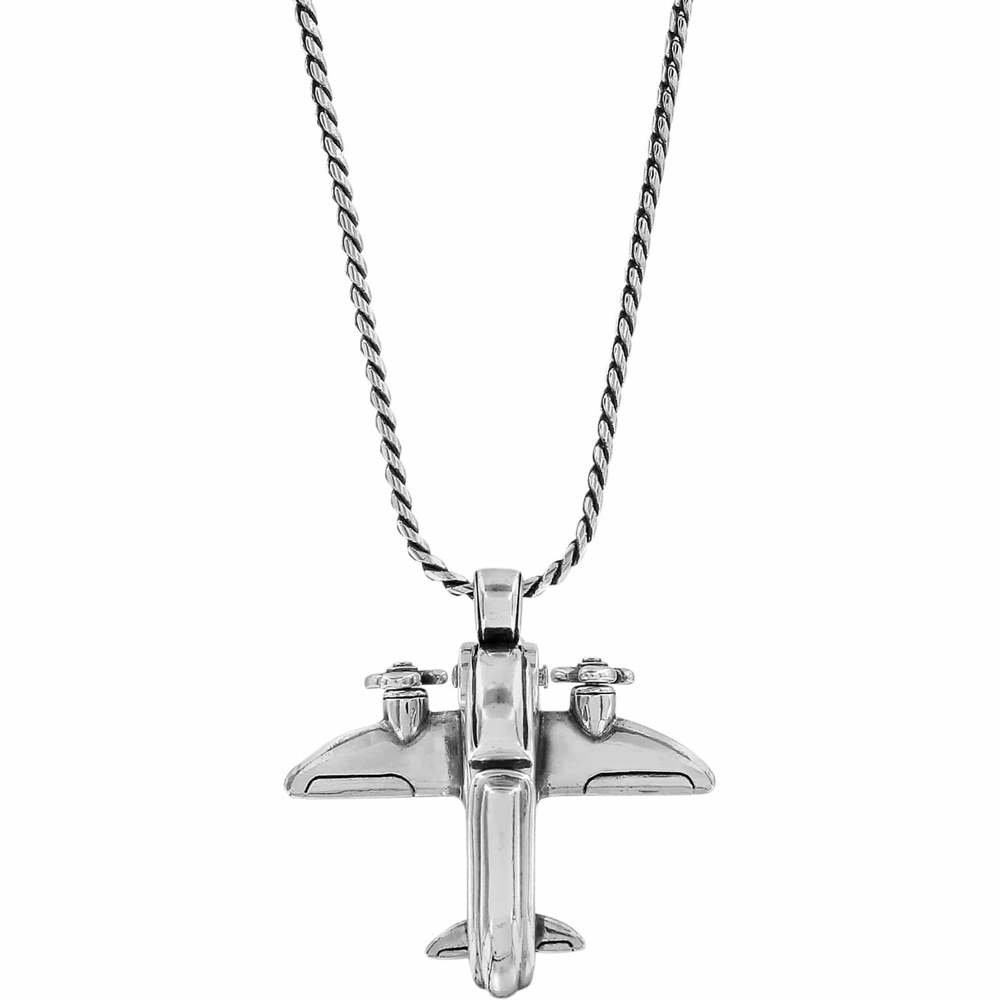 Brighton pendant necklace with silver-plated airplane charm and twisted rope chain on a white background