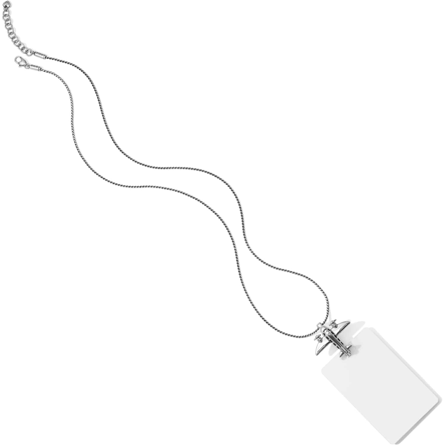 Brighton pendant necklace with silver-plated chain, airplane charm, and rectangular tag pendant on a white background