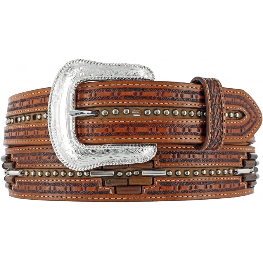 Brighton tooled leather belt with silver-tone engraved buckle, studded accents, and basketweave embossing on a white background