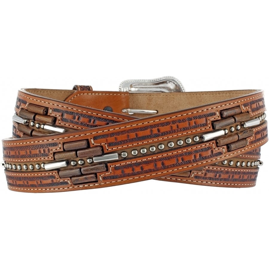 Brighton tooled leather belt with bamboo accents, silver-tone studs, and engraved buckle on a white background