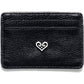 Brighton black pebbled leather card case with silver-tone heart scroll emblem and multiple card slots on a white background