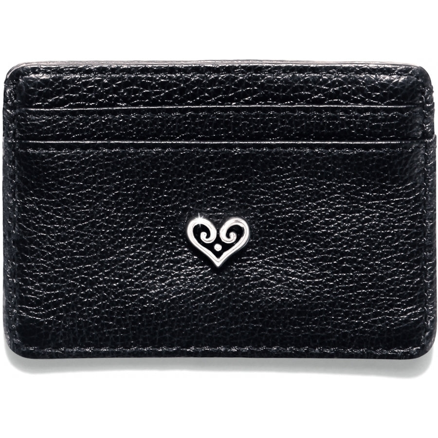 Brighton black pebbled leather card case with silver-tone heart scroll emblem and multiple card slots on a white background