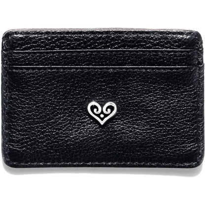 Brighton black pebbled leather card case with silver-tone heart scroll emblem and multiple card slots on a white background