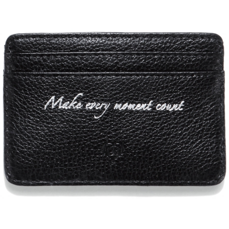 Brighton black pebbled leather card case with silver script Make every moment count embossed detail on a white background