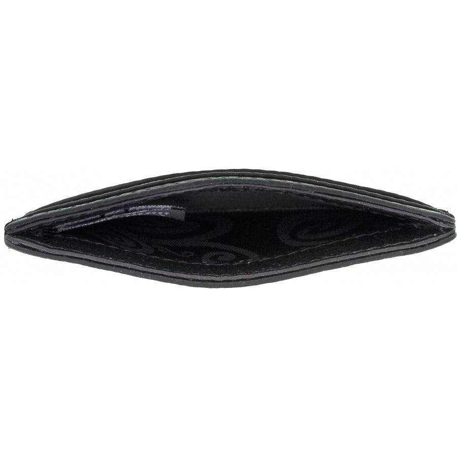 Brighton black leather card case shown from above with open interior and patterned fabric lining on a white background