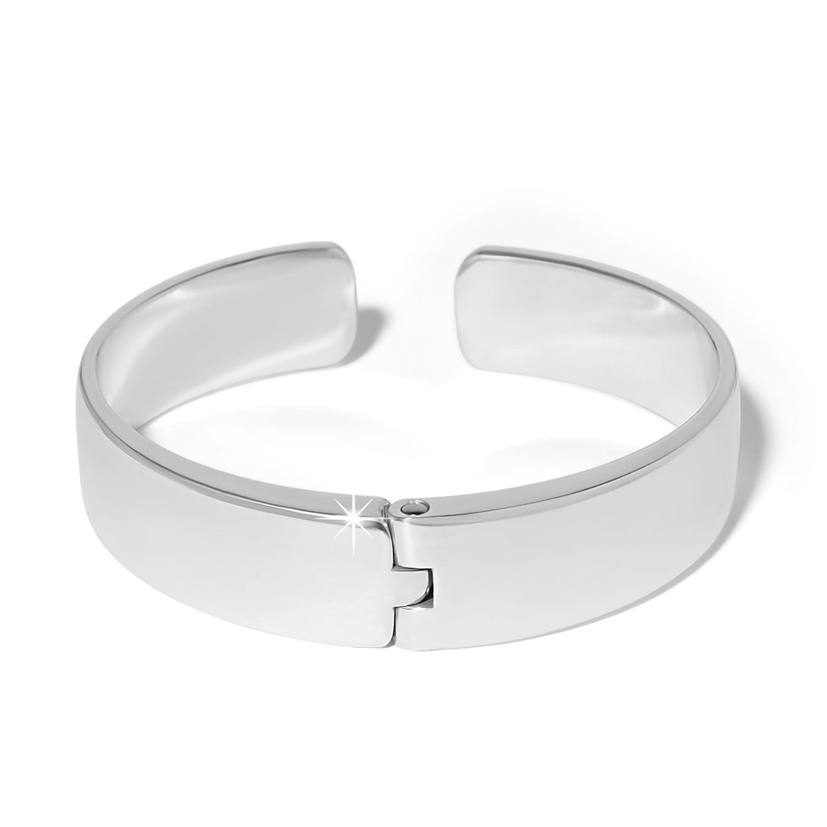 Brighton hinged cuff bracelet with polished silver-plated finish and smooth wide band on a white background