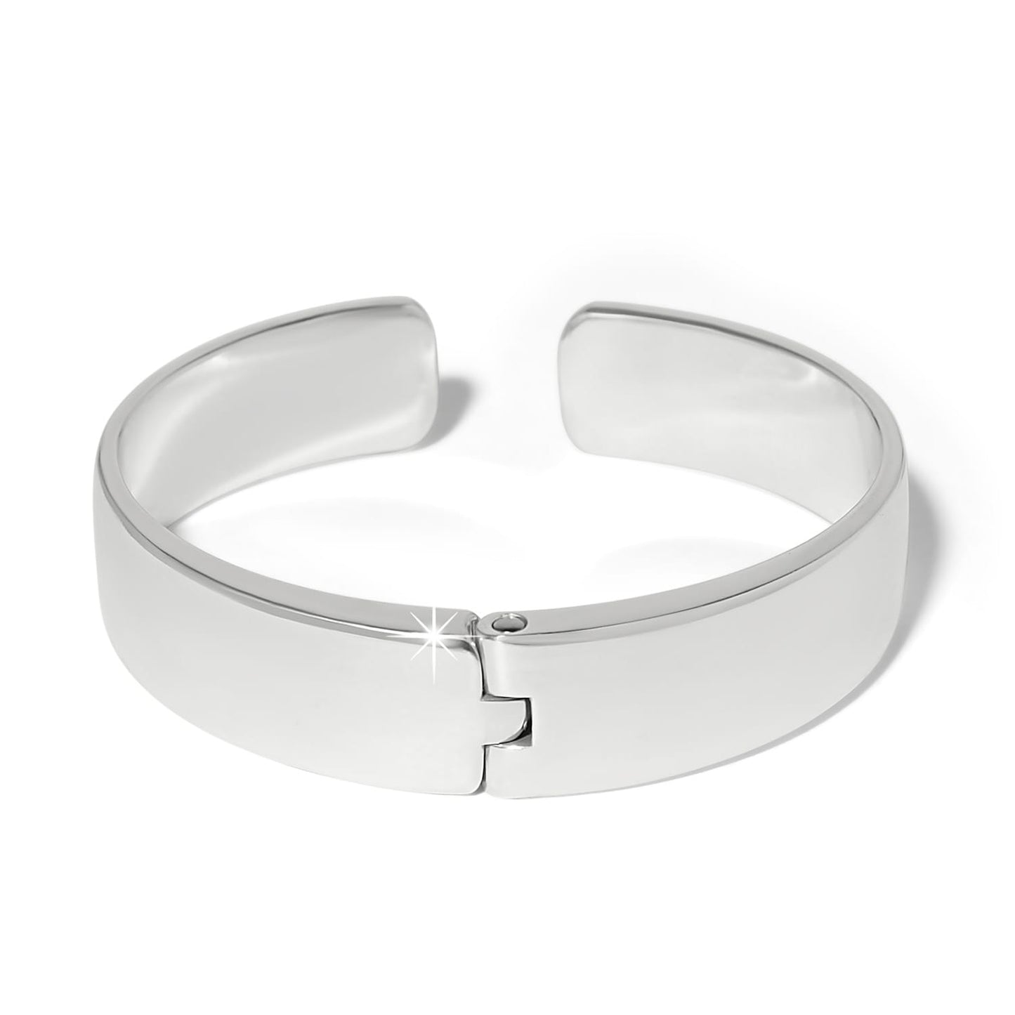 Brighton hinged cuff bracelet with polished silver-plated finish and smooth wide band on a white background