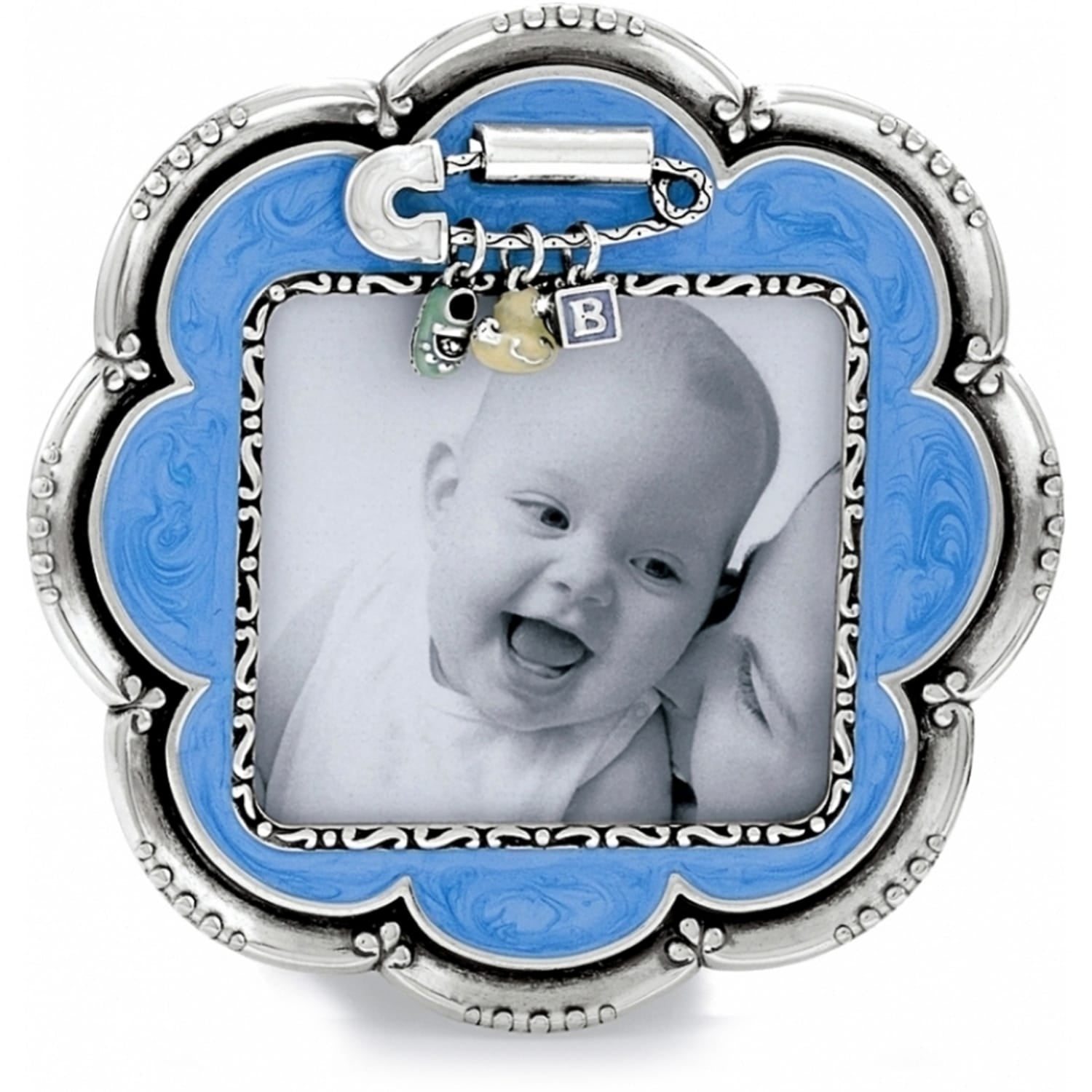 Brighton scalloped photo frame with blue enamel border, silver-tone scroll detailing, and dangling baby charms on a white background