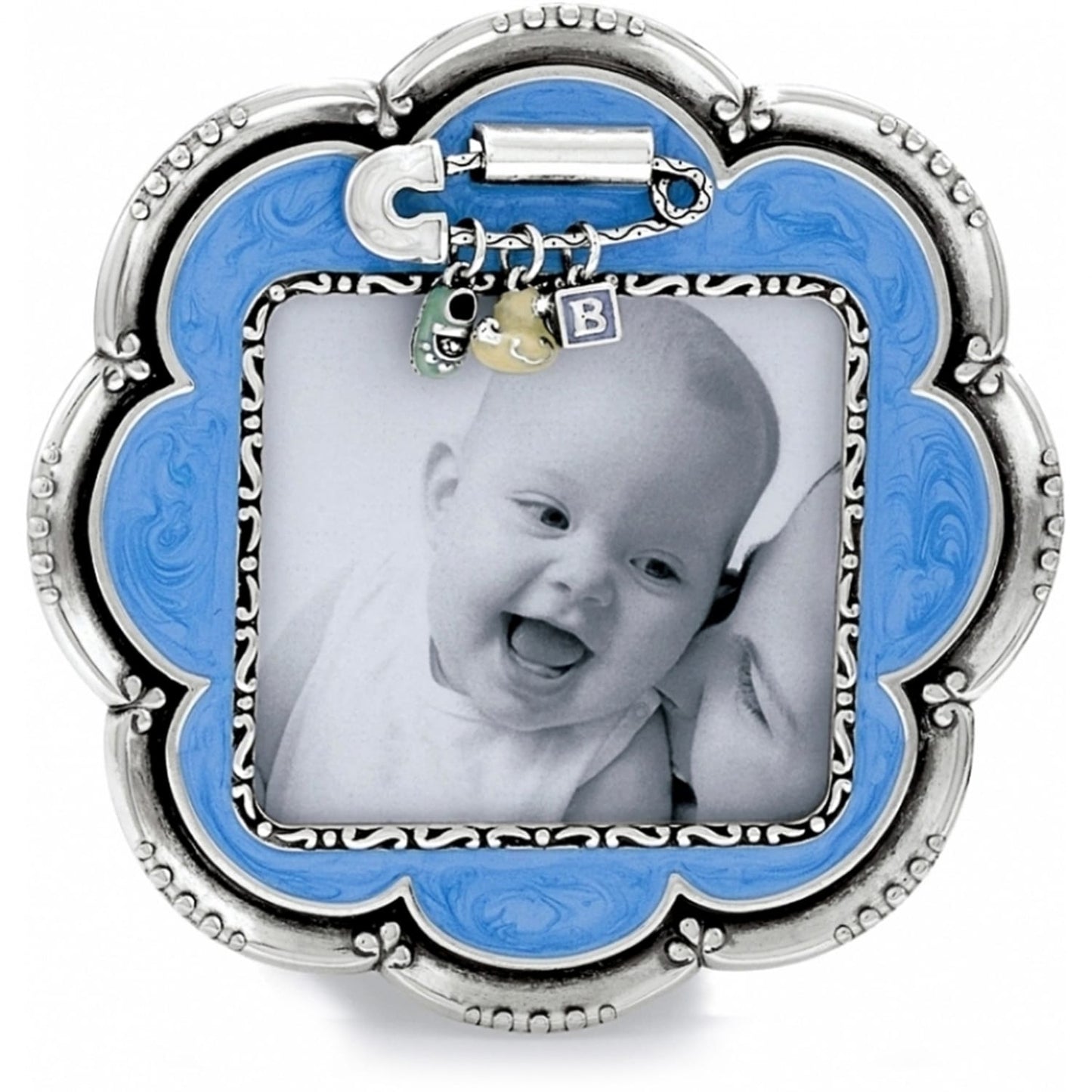 Brighton scalloped photo frame with blue enamel border, silver-tone scroll detailing, and dangling baby charms on a white background