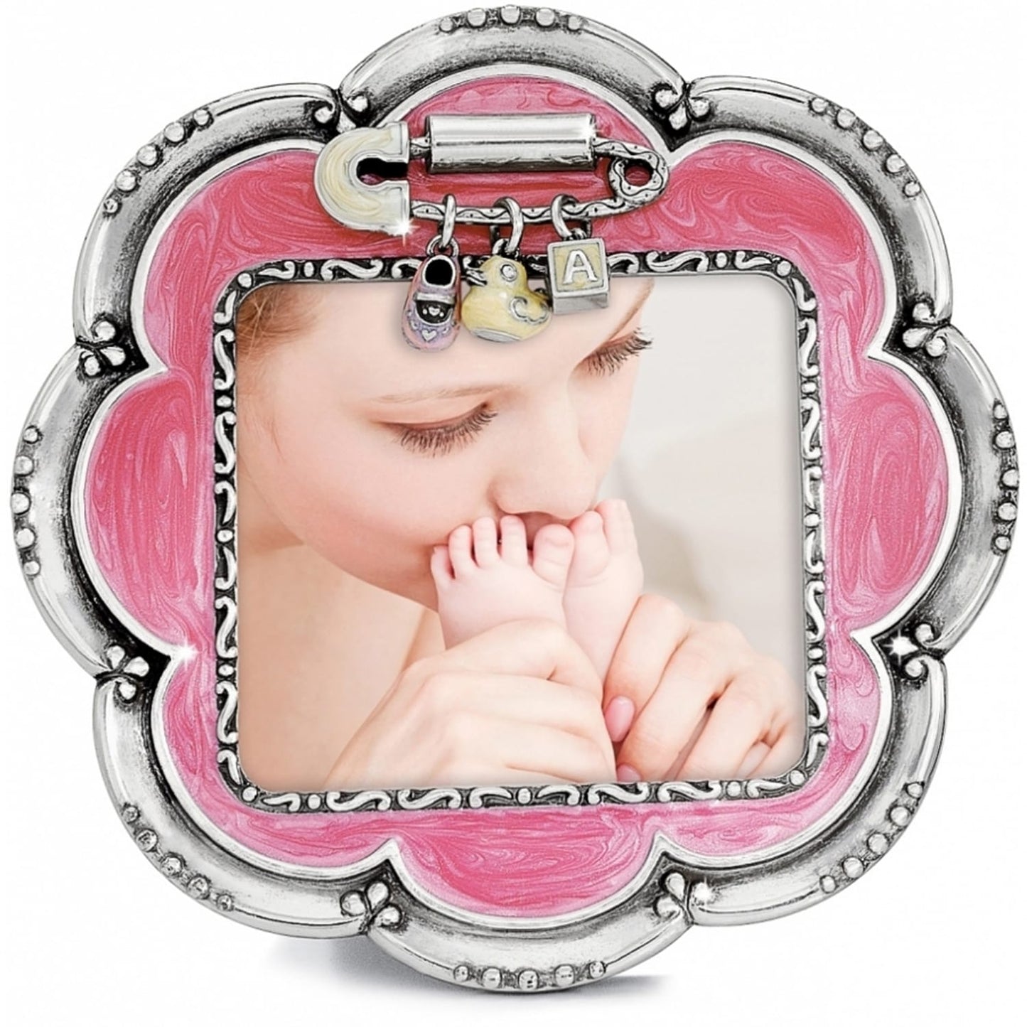 Brighton scalloped picture frame with pink enamel, silver-tone beaded border, and baby charms on a white background