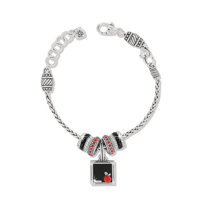 Brighton silver-plated charm bracelet with black and red crystal beads and square apple charm on a white background