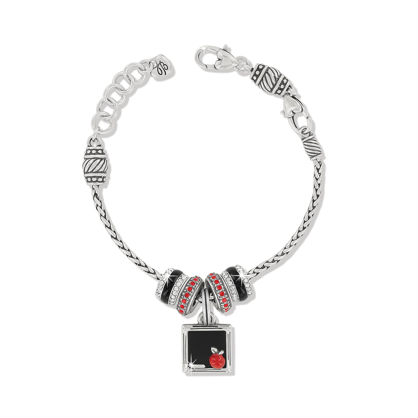 Brighton silver-plated charm bracelet with black and red crystal beads and square apple charm on a white background