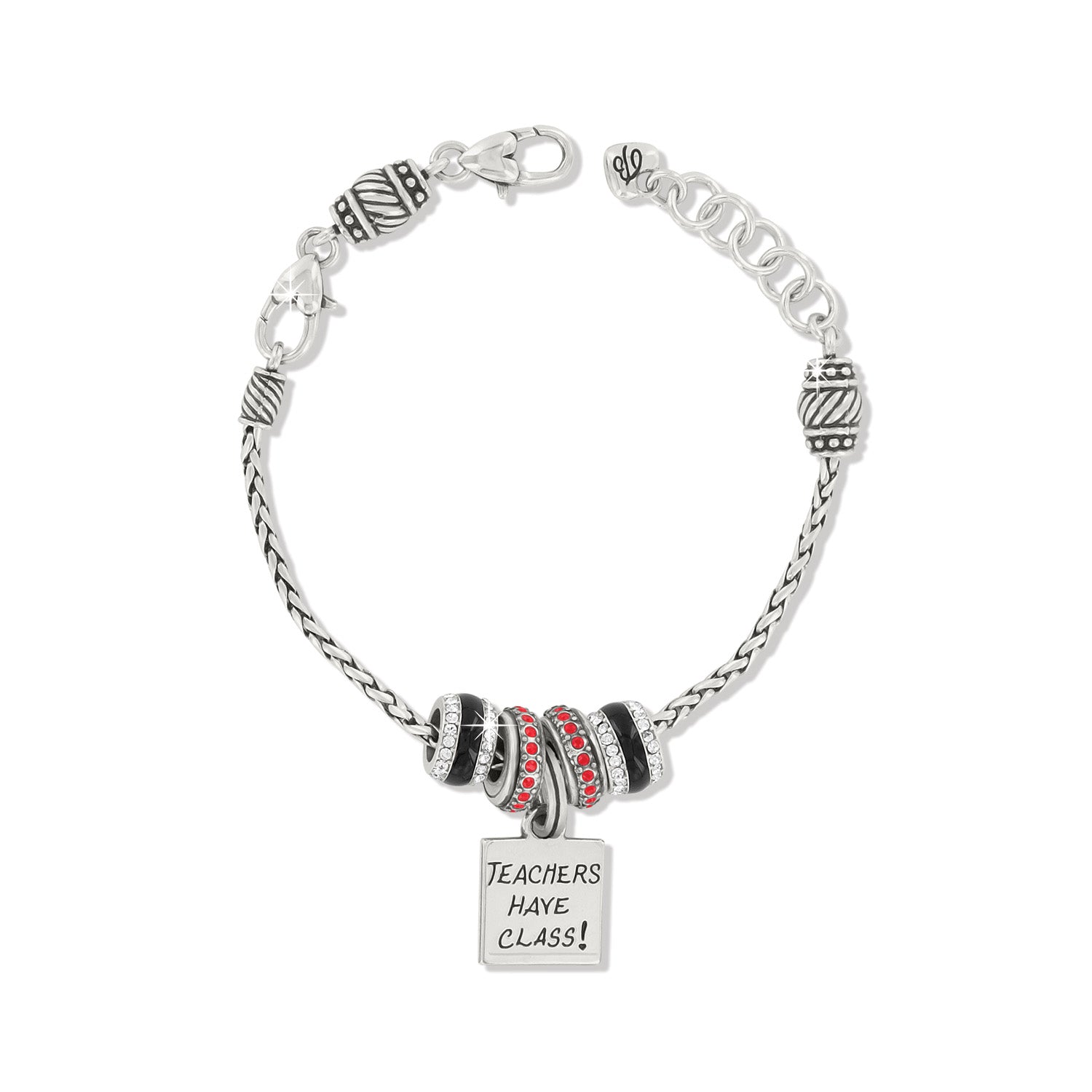 Brighton silver-plated charm bracelet with black and red crystal beads and Teachers Have Class charm on a white background