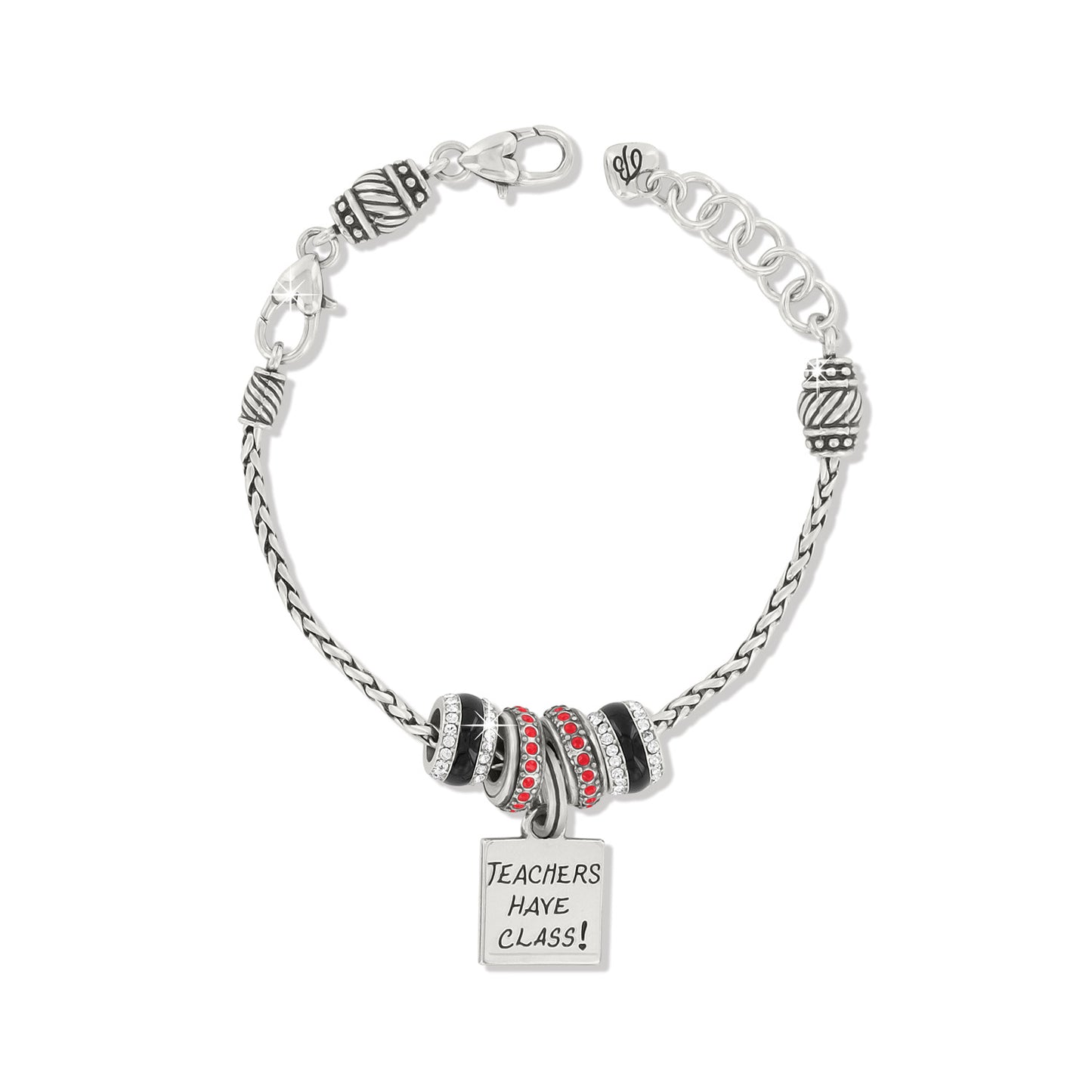 Brighton silver-plated charm bracelet with black and red crystal beads and Teachers Have Class charm on a white background
