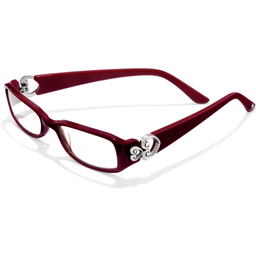 Brighton eyeglass frames in burgundy with silver-tone scroll accents at the temples on a white background