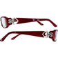Brighton eyeglass frames in dark red with silver-tone scrollwork heart temple accents, side views on a white background