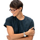 Model wearing Brighton red rectangular eyeglasses with silver scroll temple detail and coordinating Brighton accessories