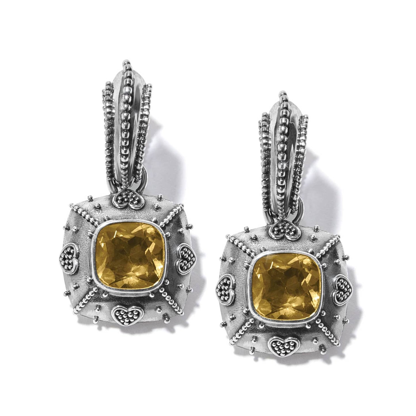 Brighton drop earrings with faceted yellow cushion-cut stones and beaded silver-tone frames with heart accents on a white background