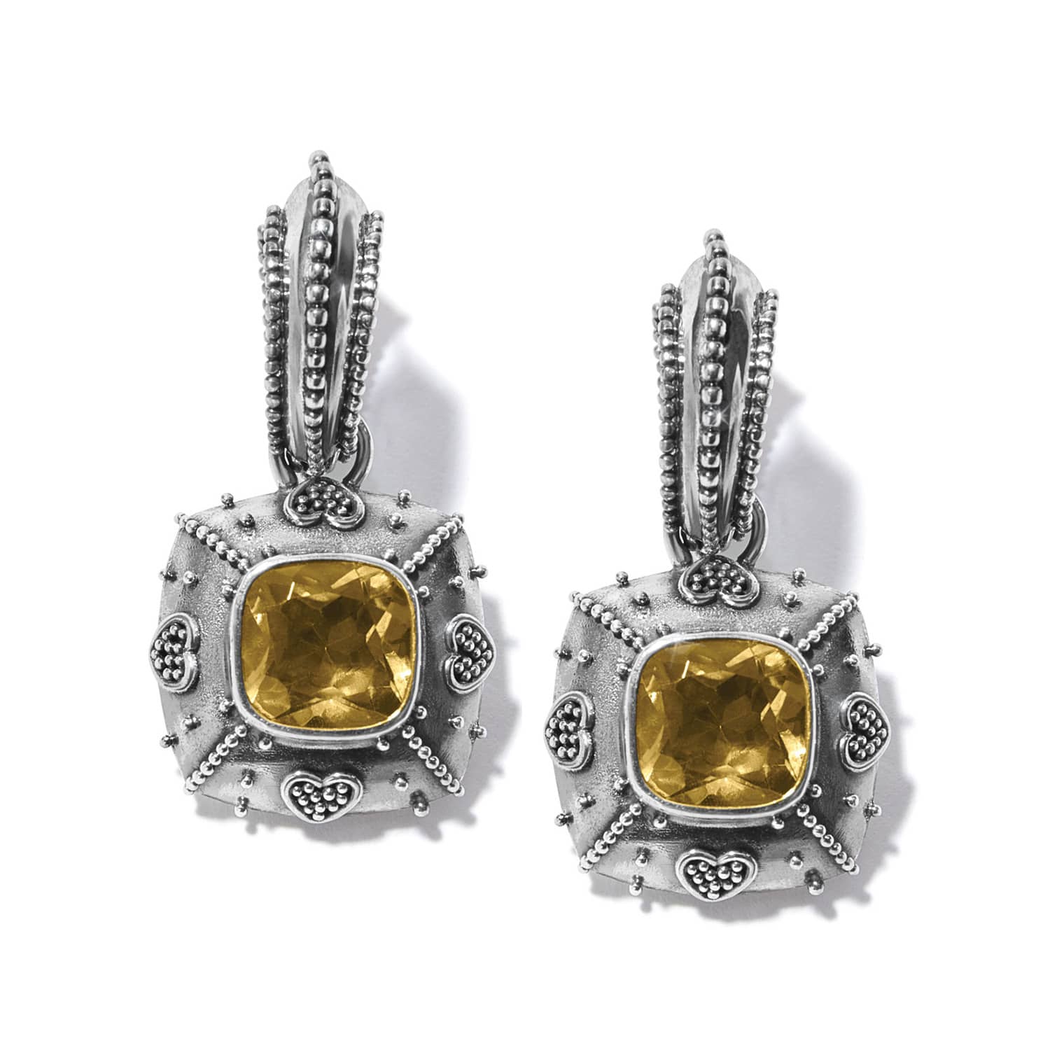 Brighton drop earrings with faceted yellow cushion-cut stones and beaded silver-tone frames with heart accents on a white background