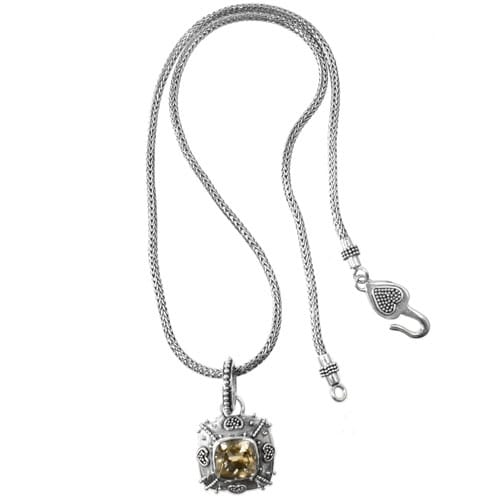 Brighton pendant necklace with sterling silver rope chain, citrine-colored square stone, and heart-shaped hook clasp on a white background