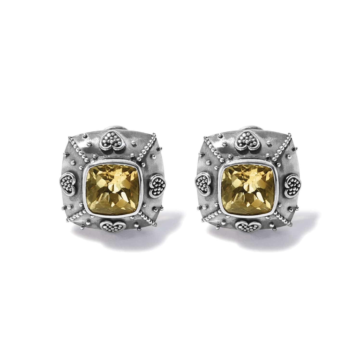 Brighton stud earrings with cushion-cut citrine stones and silver-tone beaded heart accents on a white background