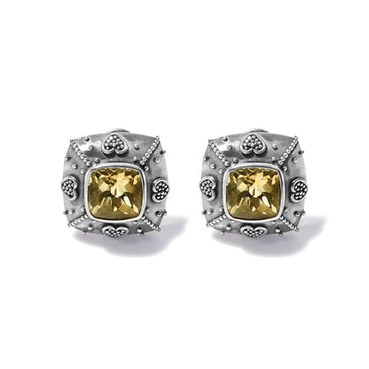 Brighton stud earrings with cushion-cut citrine stones and silver-tone beaded heart accents on a white background