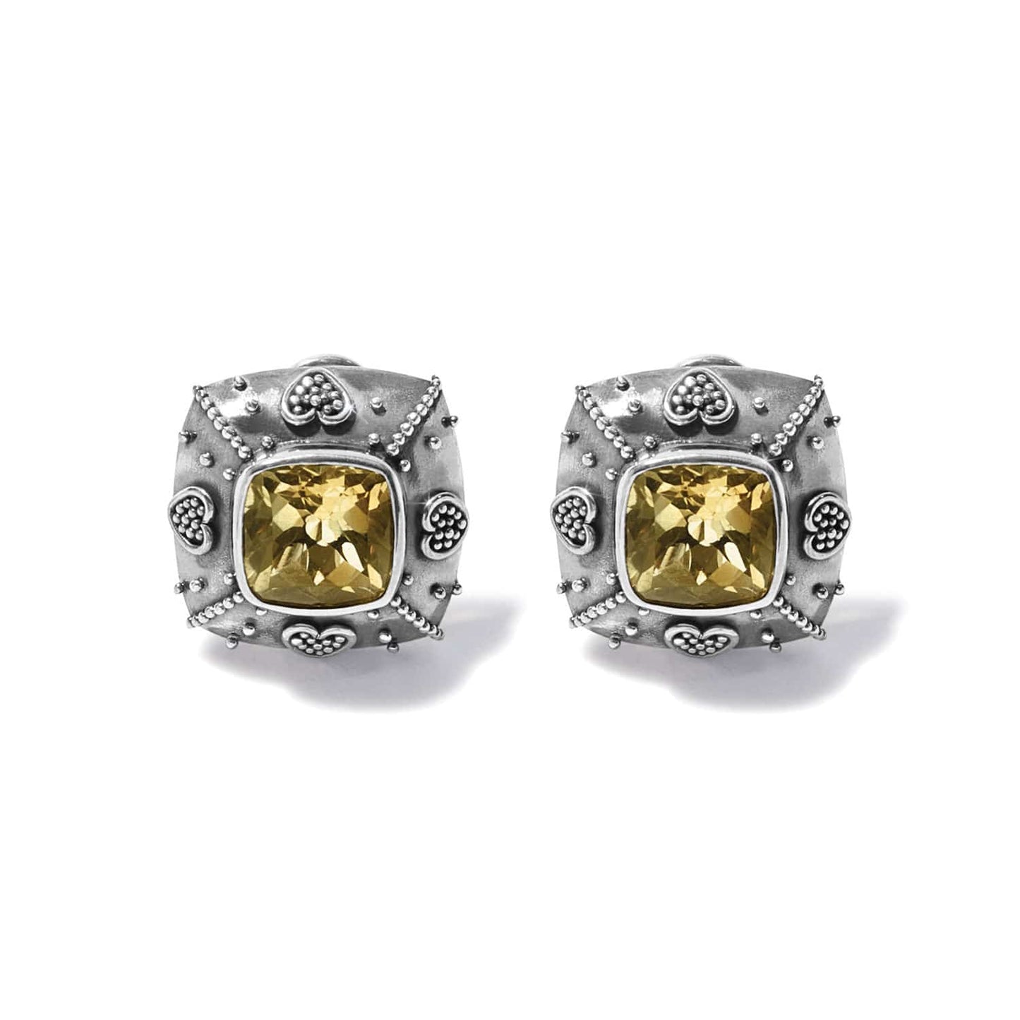Brighton stud earrings with cushion-cut citrine stones and silver-tone beaded heart accents on a white background