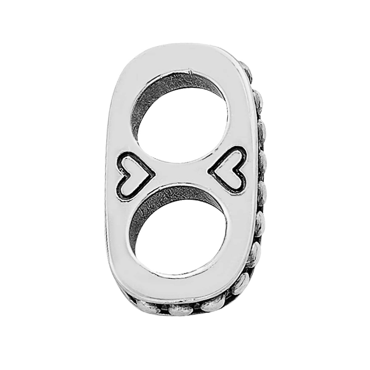 Brighton silver-plated charm with two open circles, heart cutout accents, and beaded side edge on a white background