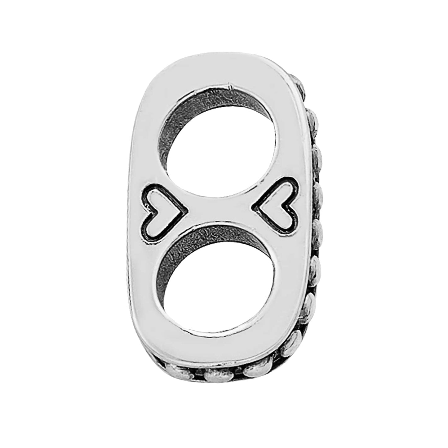 Brighton silver-plated charm with two open circles, heart cutout accents, and beaded side edge on a white background