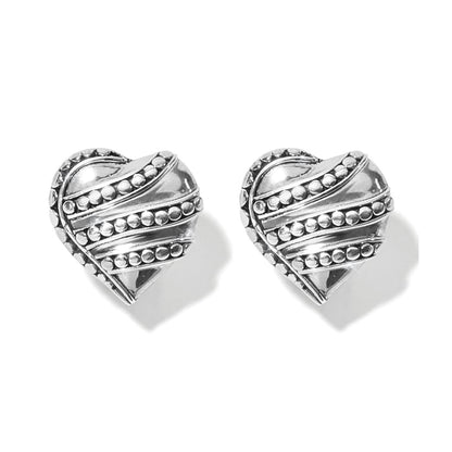 Brighton heart stud earrings with silver-tone beaded diagonal stripes and polished ridges on a white background