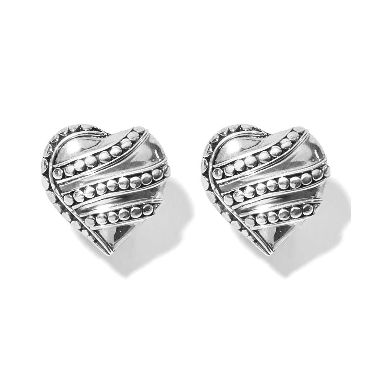 Brighton heart stud earrings with silver-tone beaded diagonal stripes and polished ridges on a white background