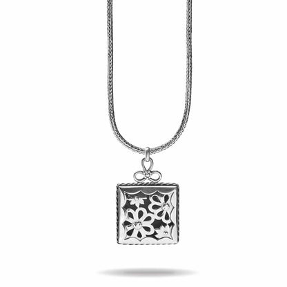 Brighton pendant necklace with sterling silver square floral cutout charm and woven chain on a white background