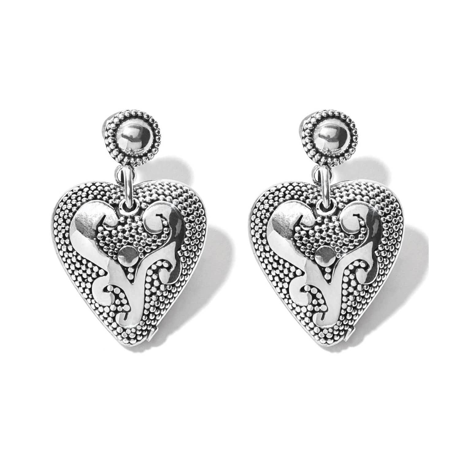 Brighton drop earrings with sterling silver heart charms featuring beaded texture and scroll detailing on a white background