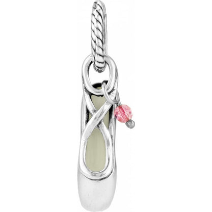 Brighton ballet slipper charm with silver-plated finish and pink beaded accent on a white background