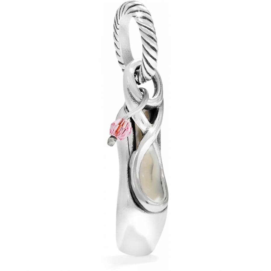 Brighton ballet slipper charm with silver-plated finish and pink crystal accent on a white background