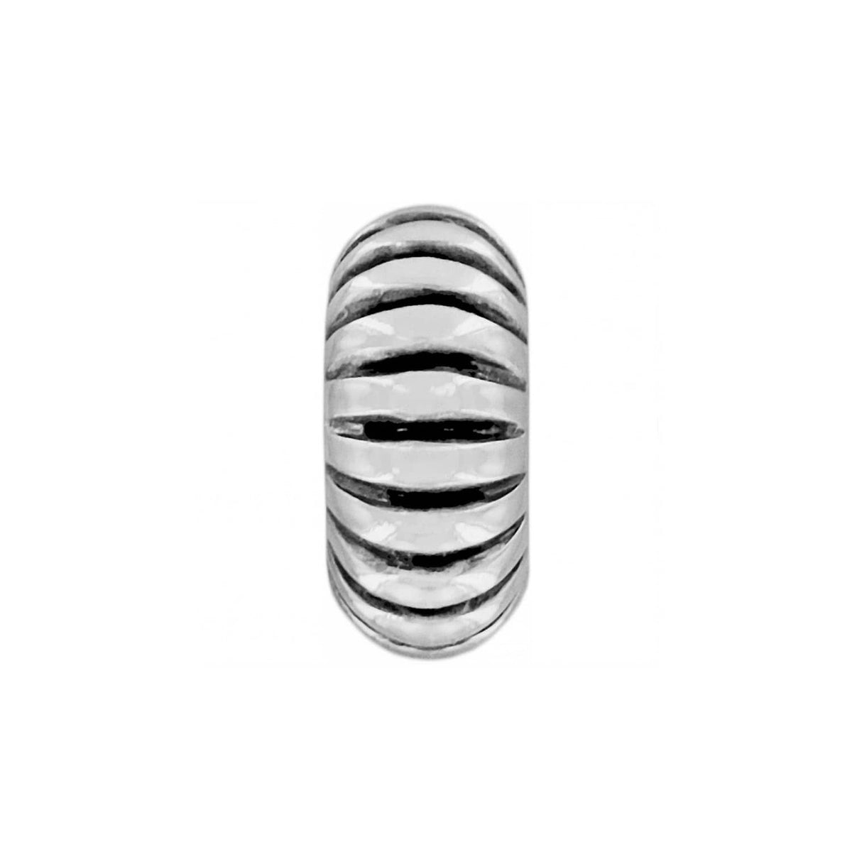 Brighton silver-plated spacer bead charm with ribbed segmented design and polished finish on a white background