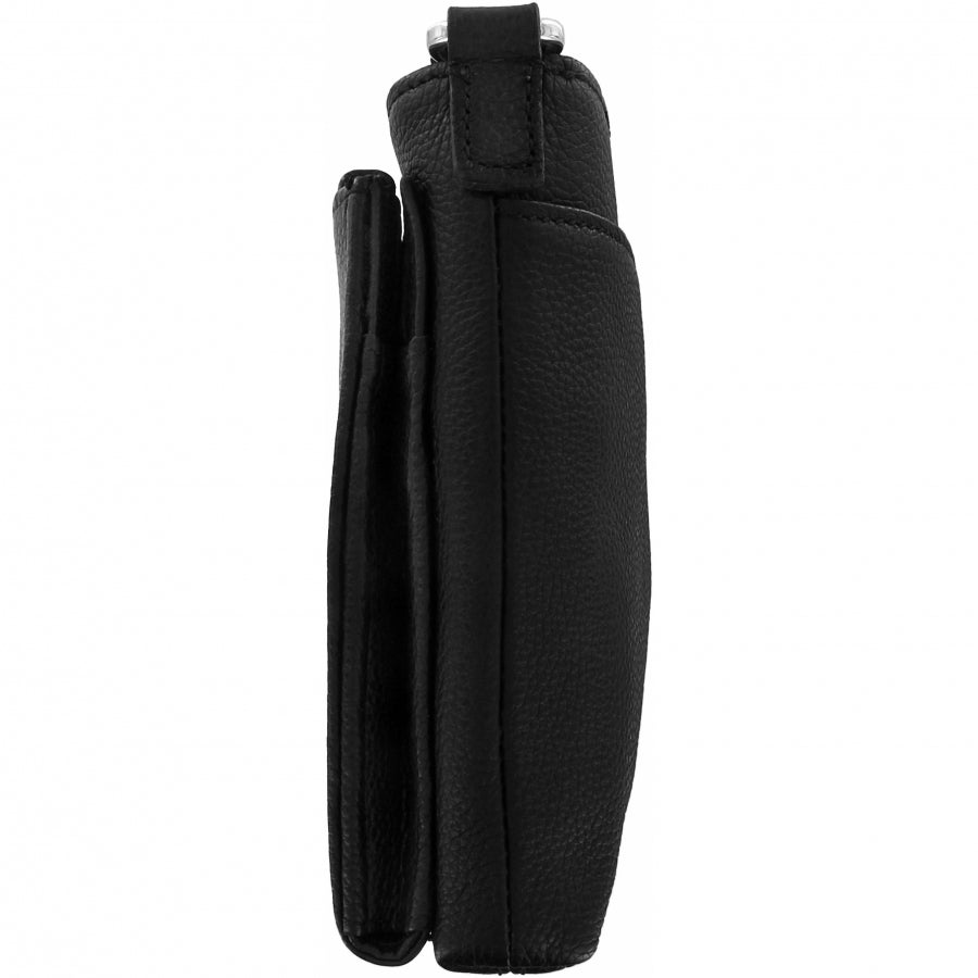 Brighton handbag side view in black pebbled leather with top strap closure on a white background