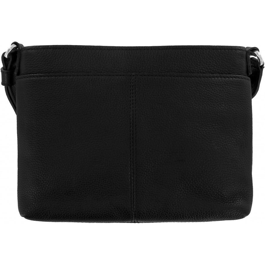 Brighton black leather handbag shown from the back with pebbled texture and adjustable strap on a white background