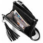 Brighton black leather crossbody handbag shown open with phone, ID card, tassel, and silver heart charm on a white background