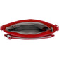 Brighton red leather handbag shown open with patterned gray fabric lining and silver-tone zipper on a white background