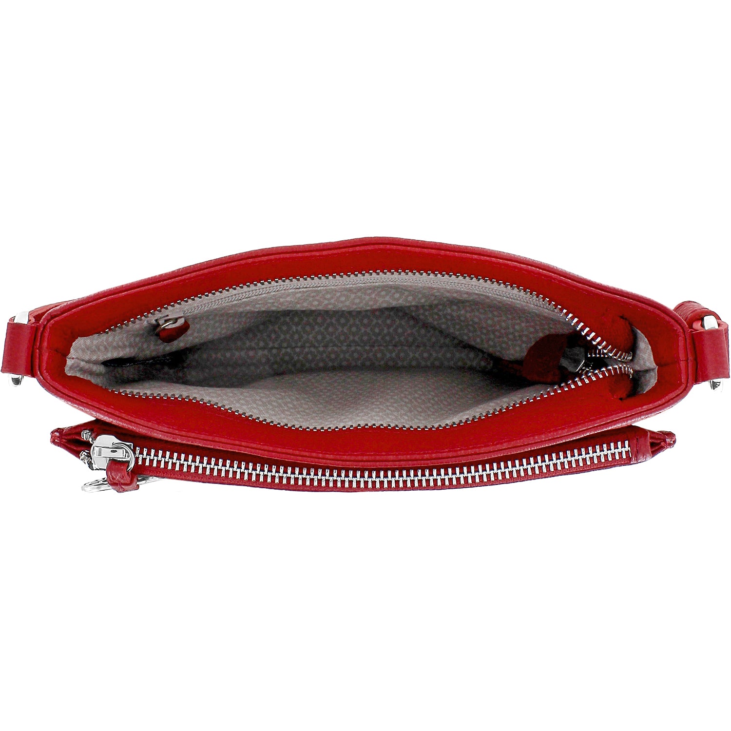 Brighton red leather handbag shown open with patterned gray fabric lining and silver-tone zipper on a white background