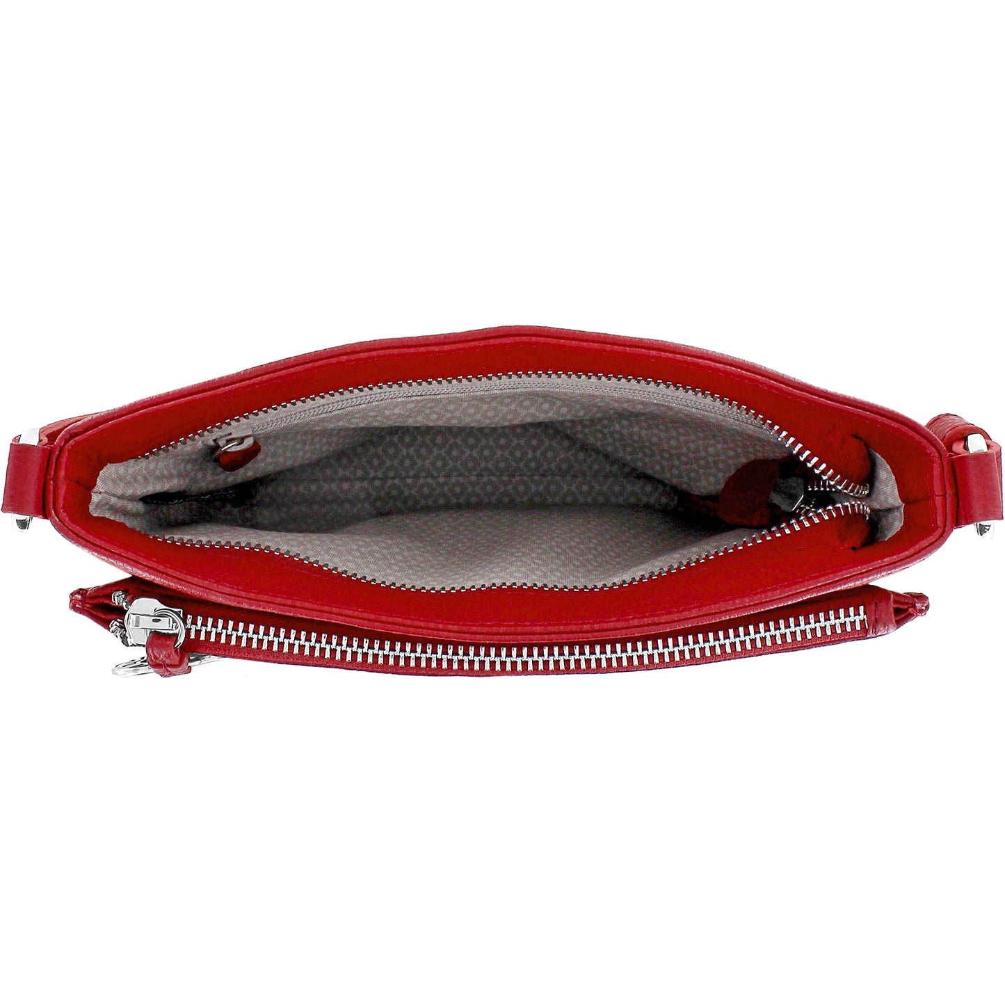 Brighton red leather handbag shown open with patterned gray fabric lining and silver-tone zipper on a white background
