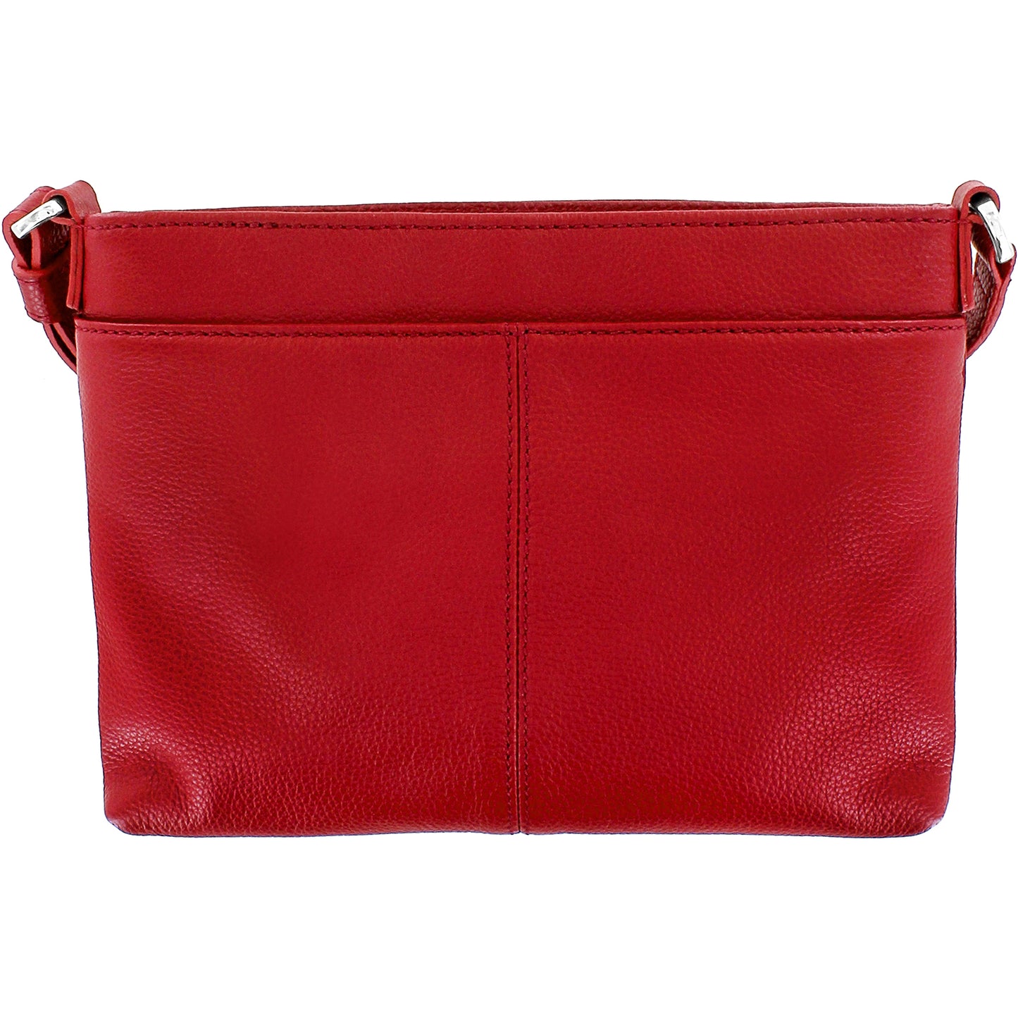 Brighton red leather handbag shown from the back with pebbled texture and adjustable shoulder strap on a white background