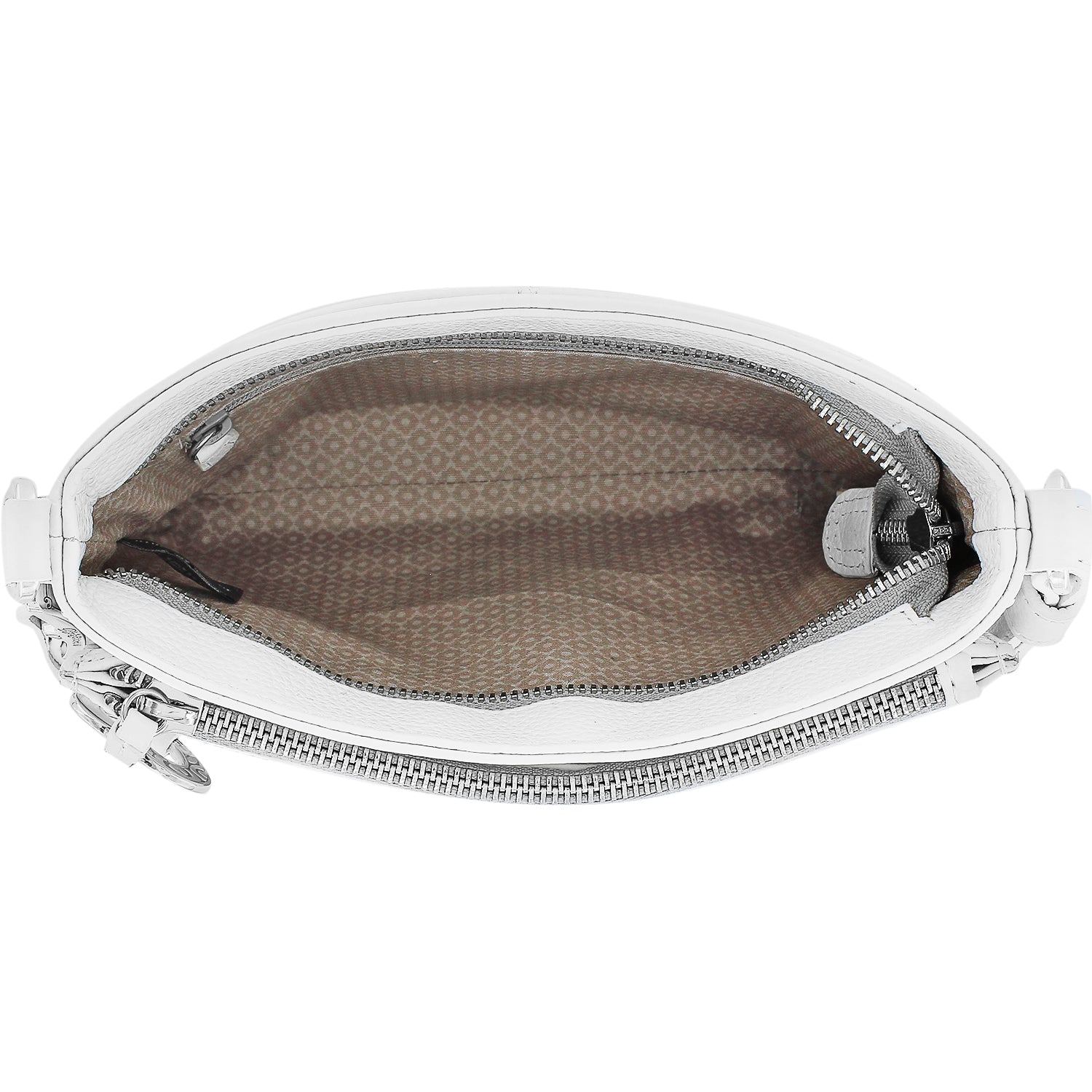 Close-up of Brighton white leather handbag interior view showing patterned fabric lining and silver-tone zipper closure